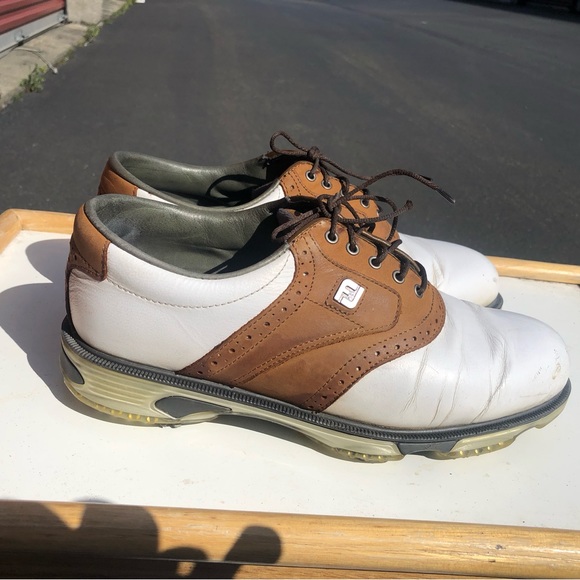 Footjoy Dryjoys Tour 53699 Men’s White Brown Saddle Leather Golf Shoes Size 9.5W - Picture 2 of 14